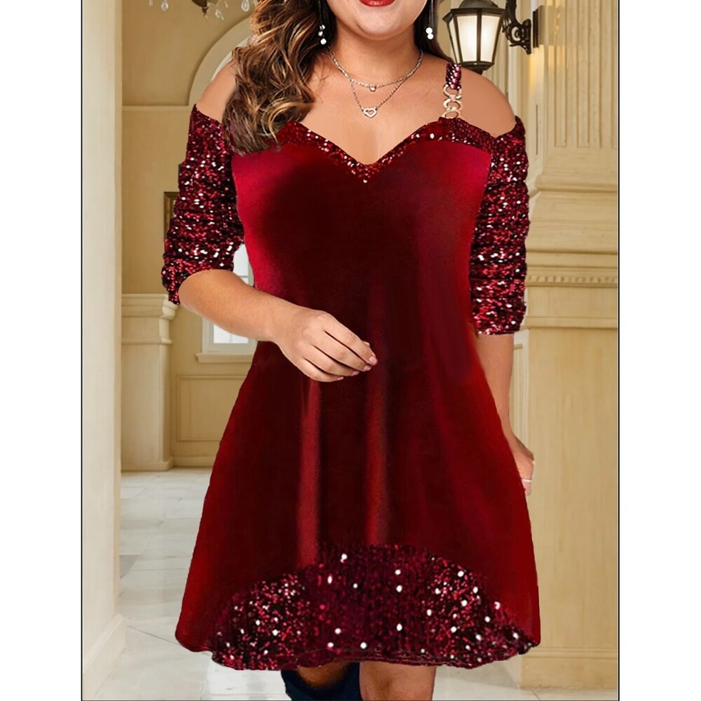 Red Velvet Sequined Party Dress